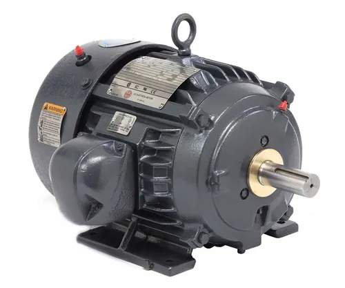 A rebuilt 25-horsepower three-phase industrial electric motor with a stamped spec nameplate and lifting eye.