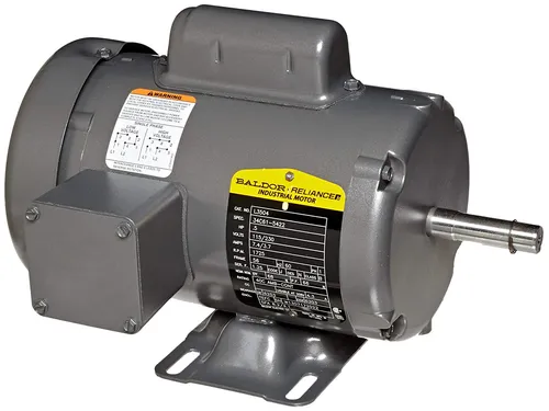 Single-phase Baldor Reliance industrial motor with its yellow spec nameplate showing horsepower, voltage, and RPM ratings.